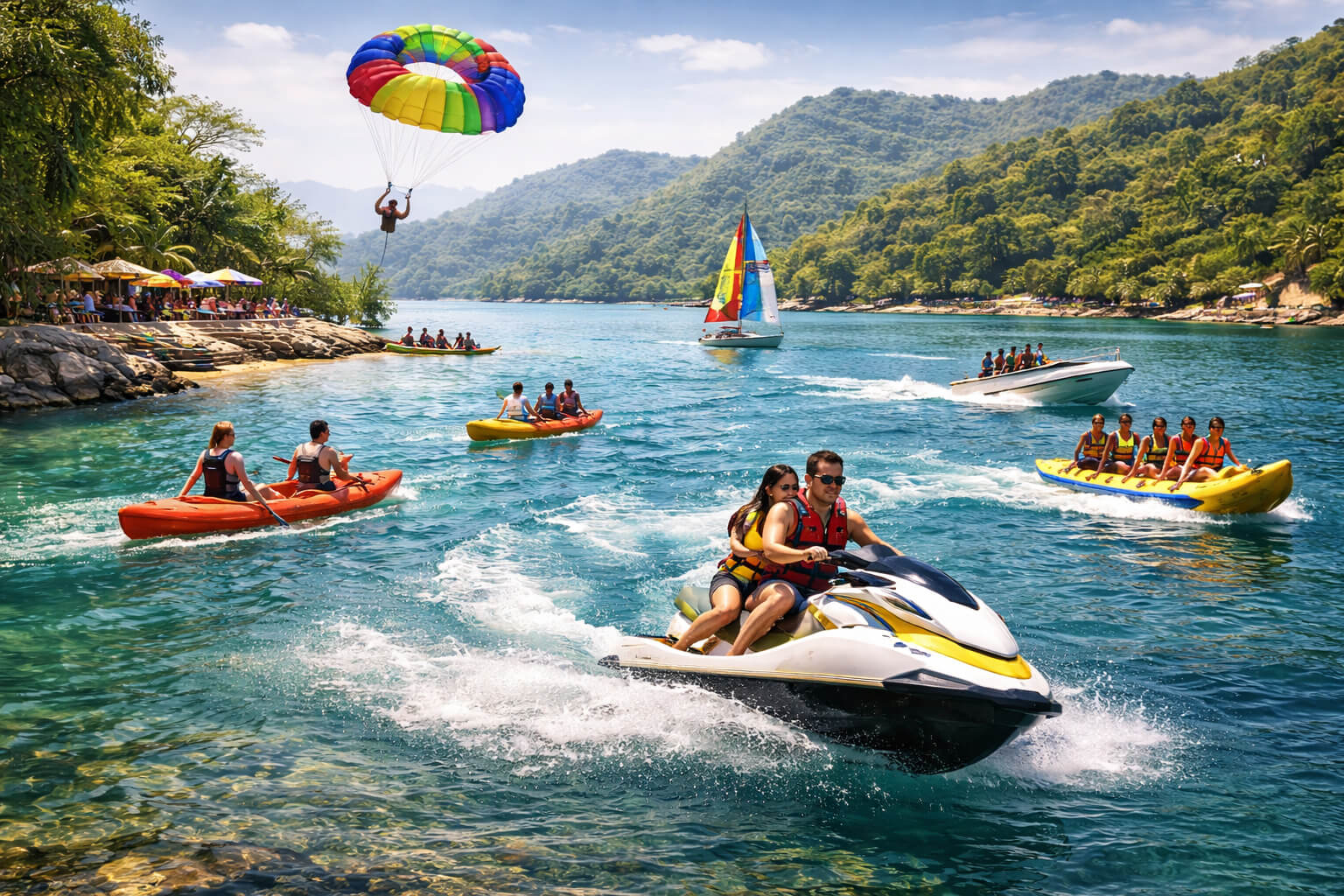 Khanpur Dam Islamabad Pakistan showing all major water and adventure activities together including jet skiing, speed boating, kayaking, banana boat rides, parasailing, paragliding, sailing boats and family recreation areas, surrounded by lush green hills, clear turquoise water and natural landscape, highlighting Khanpur Dam as a top tourist destination near Islamabad for water sports, family picnics, adventure tourism, weekend getaways and outdoor recreation in northern Pakistan